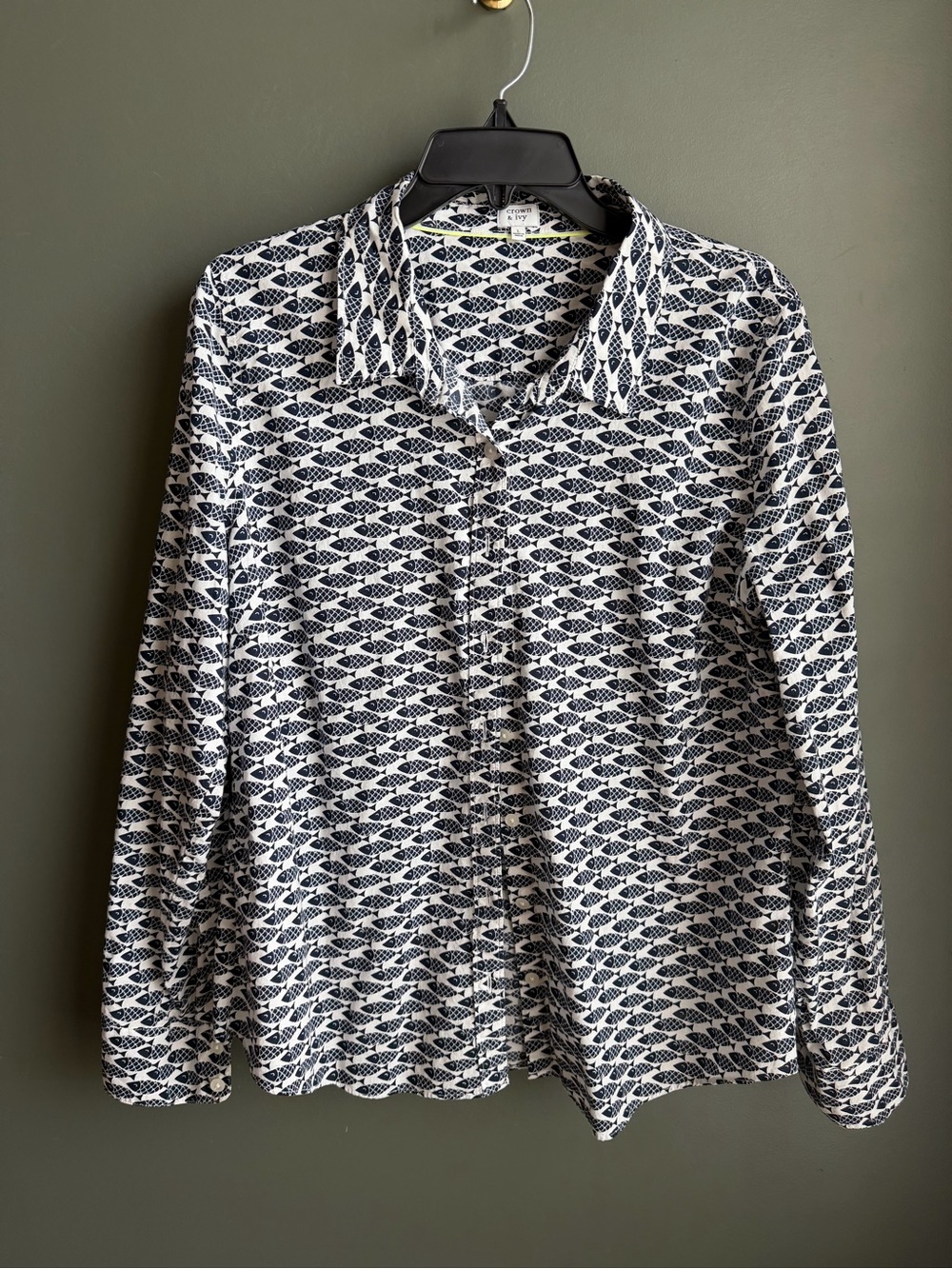 crown & ivy Navy and White Fish-Print Shirt